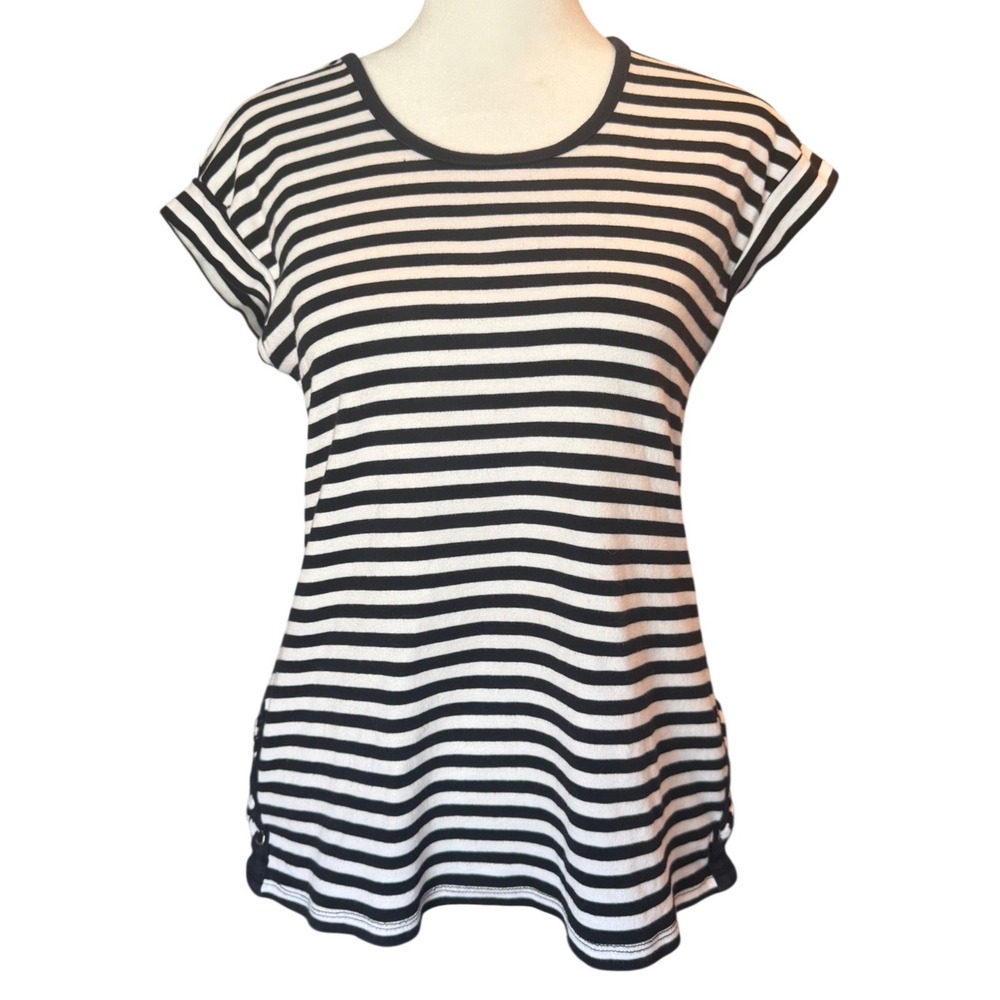 Rafaella Womens Black White Striped Lace Up Short Sleeve Top Size M 100% Cotton